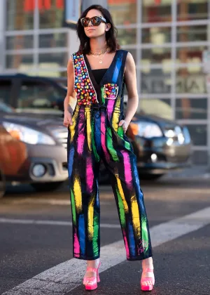 Bedazzled Paint Stroke Denim Overalls