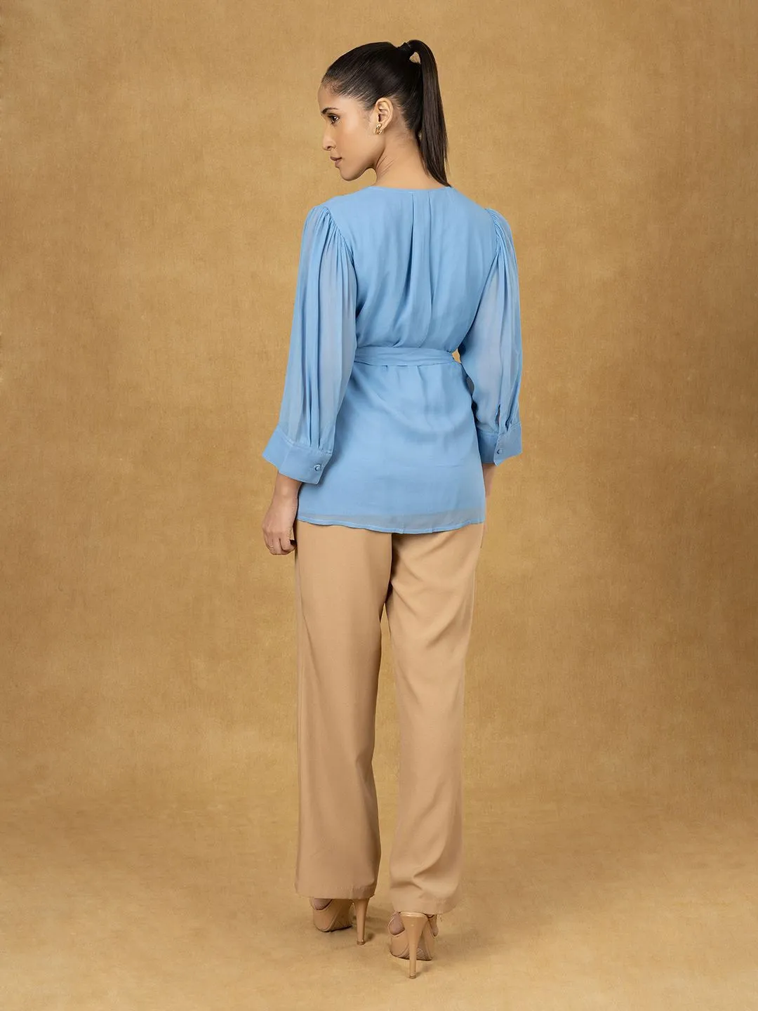 Blue Solid Button Down Belted Top