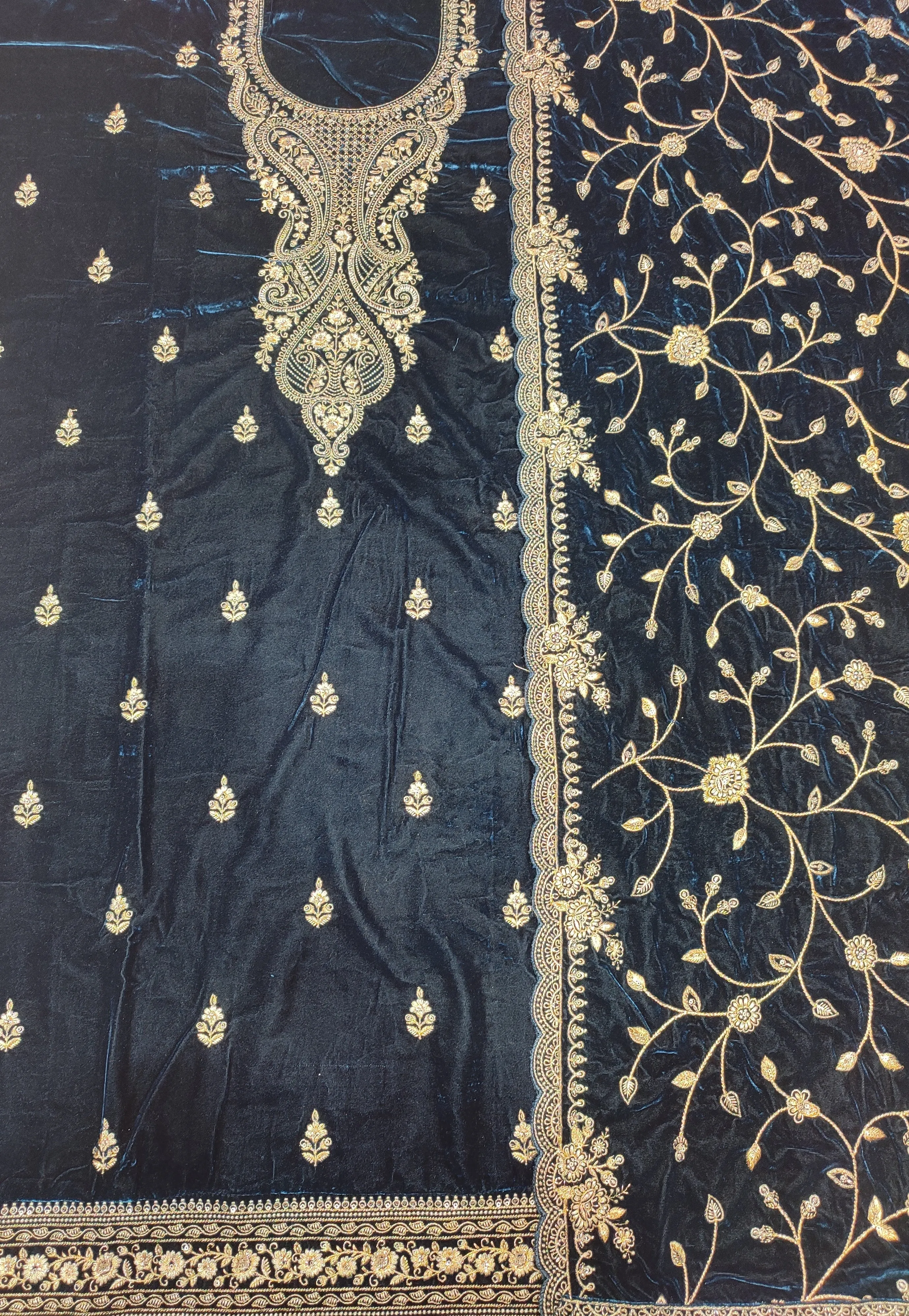 Blue Velvet Unstitched Suit With Golden Embroidery