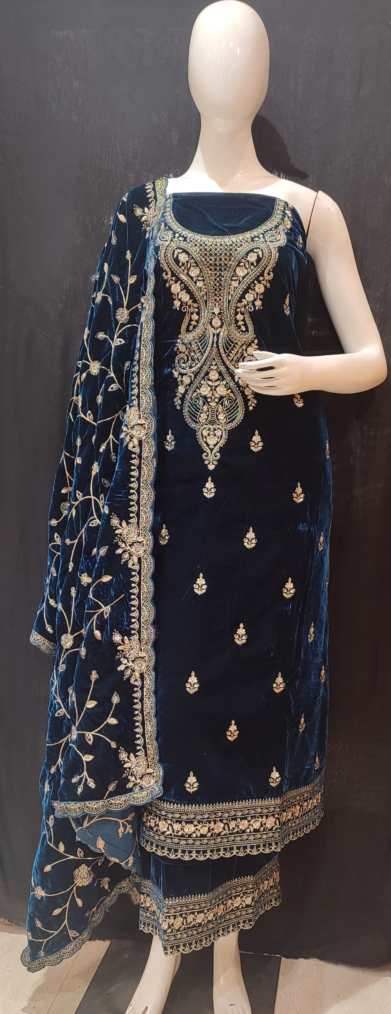Blue Velvet Unstitched Suit With Golden Embroidery