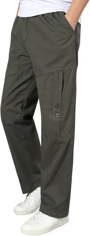 Cargo Pants for Men Relaxed Fit Elastic Waist Trouser Work Wear Combat Fitness Drawstring Pocket Rope Loose Sweatpant