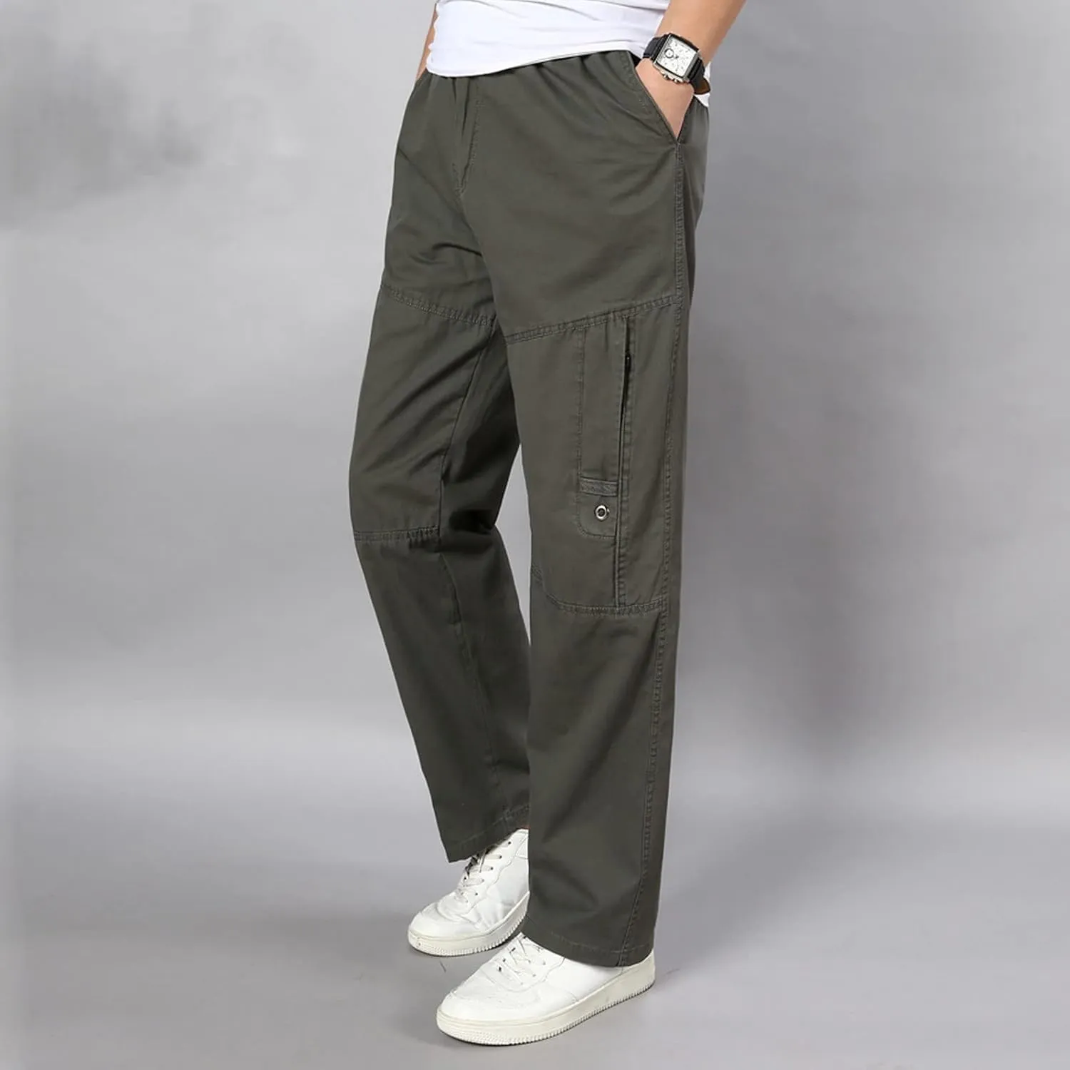 Cargo Pants for Men Relaxed Fit Elastic Waist Trouser Work Wear Combat Fitness Drawstring Pocket Rope Loose Sweatpant