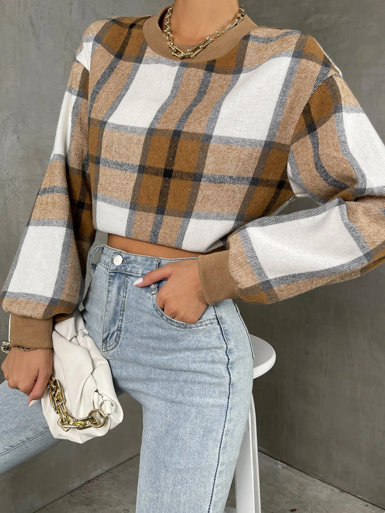 Casual Plaid Long Sleeve Stand Collar Regular Women Sweatshirt