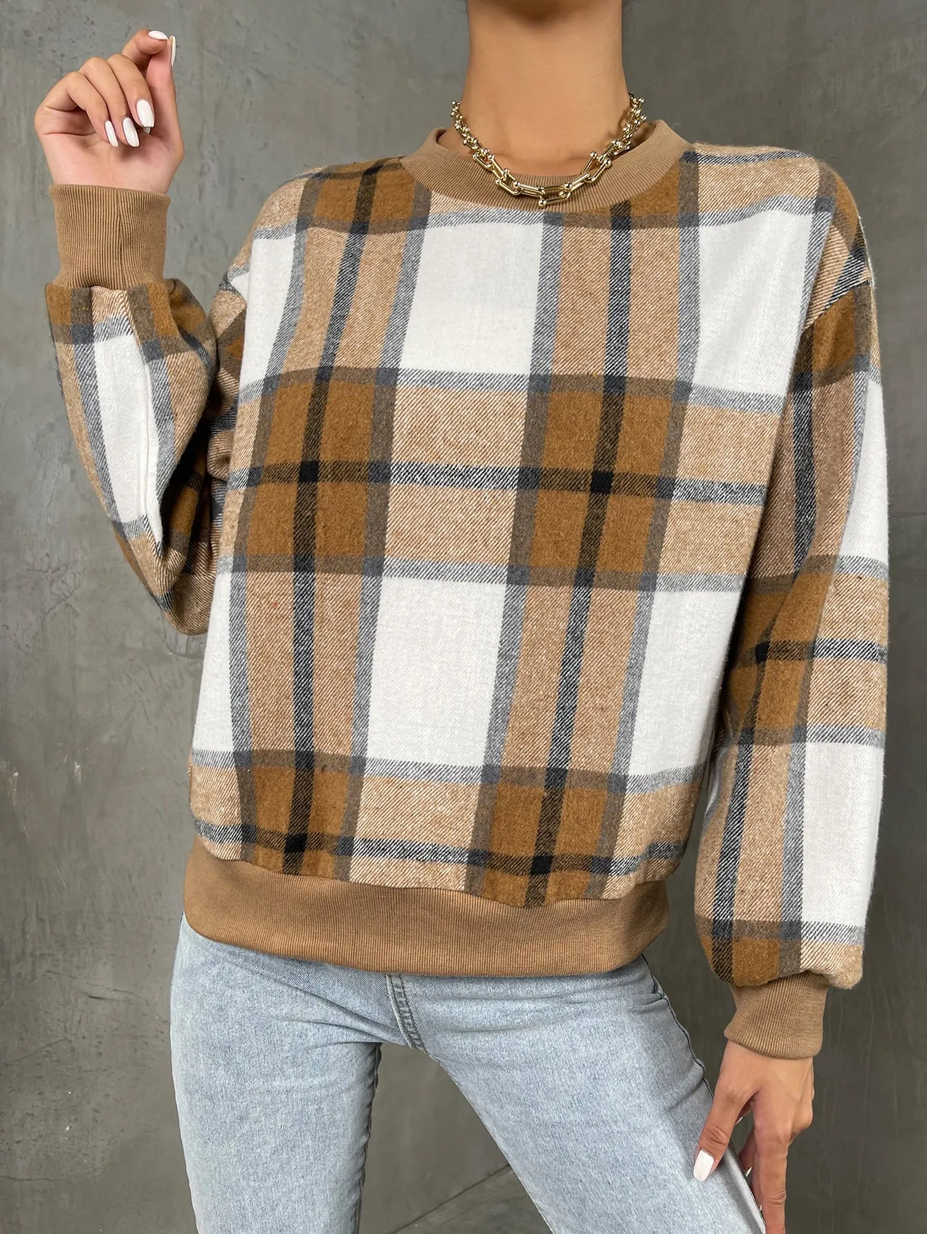 Casual Plaid Long Sleeve Stand Collar Regular Women Sweatshirt