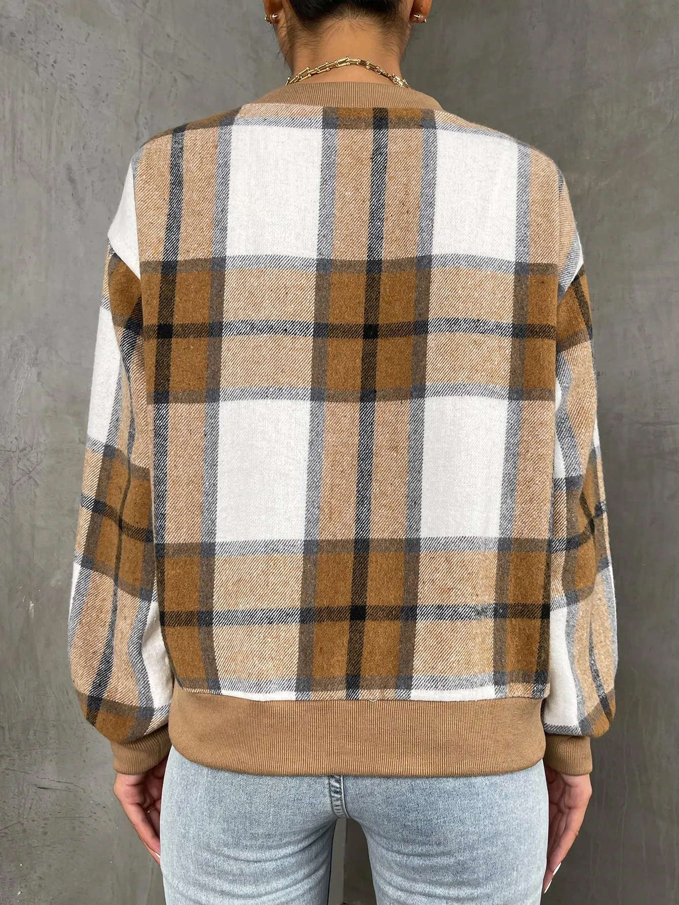 Casual Plaid Long Sleeve Stand Collar Regular Women Sweatshirt