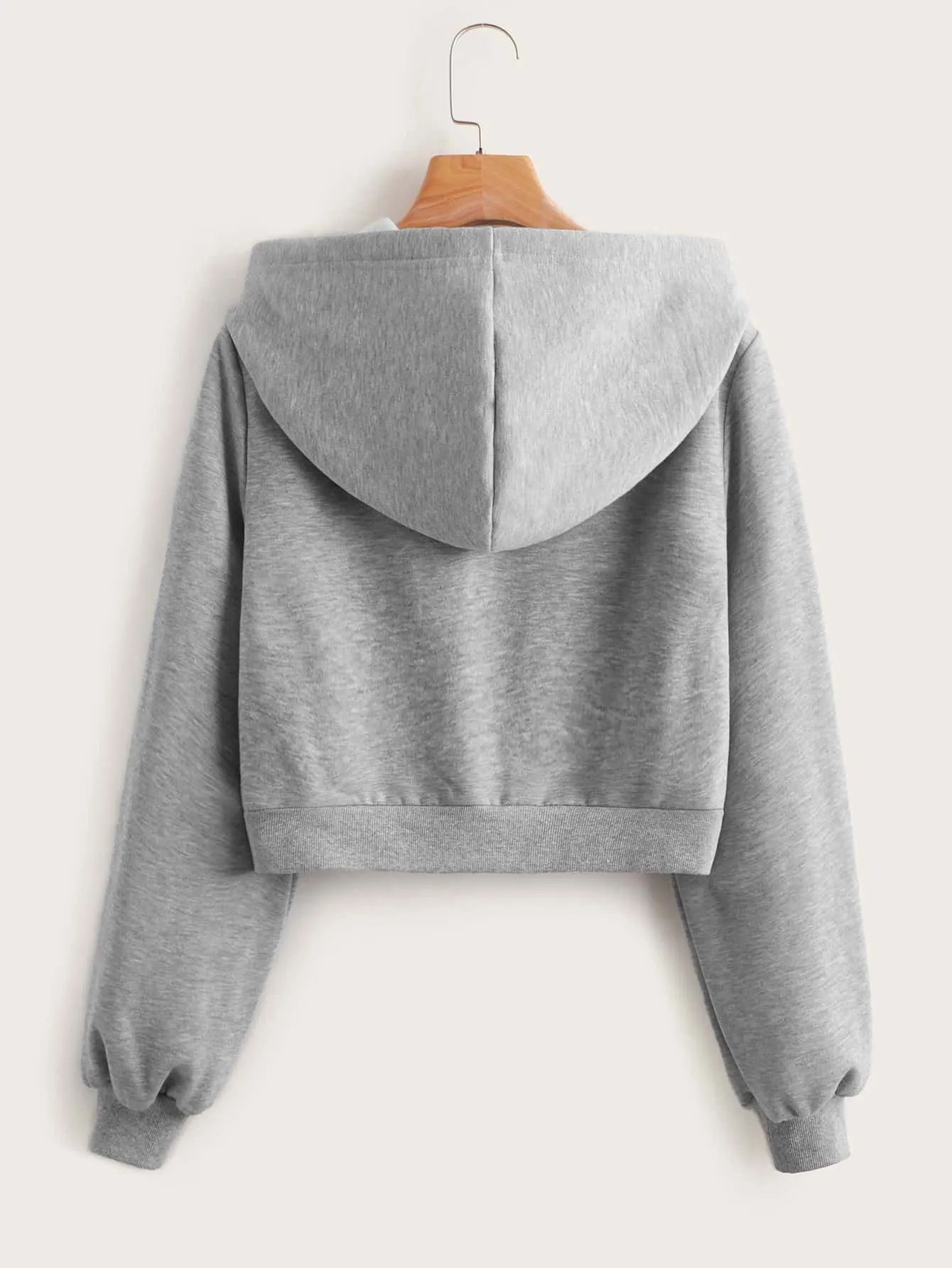 Casual Plain Zipper Long Sleeve Hooded Crop Women Sweatshirt