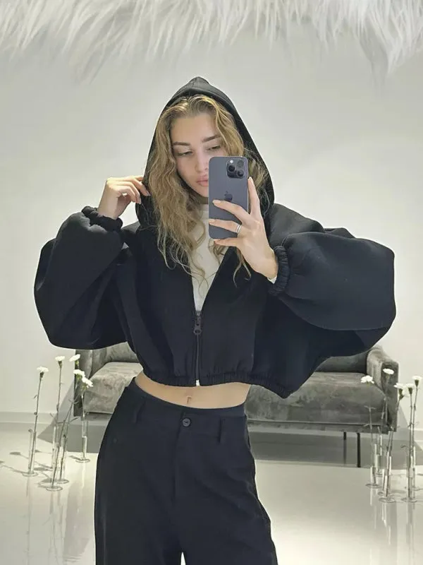 Cropped Solid Color Long Sleeve Zipper Hoodie Sweatshirt