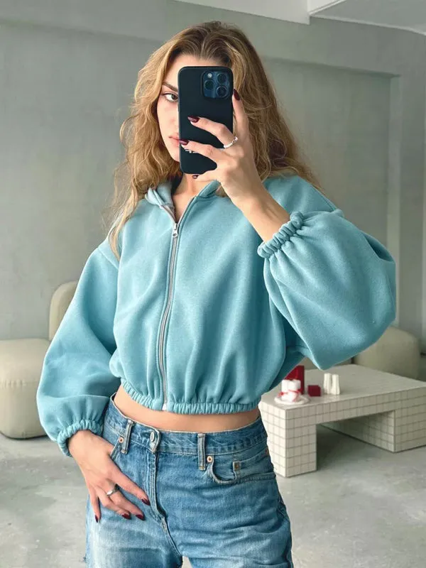 Cropped Solid Color Long Sleeve Zipper Hoodie Sweatshirt