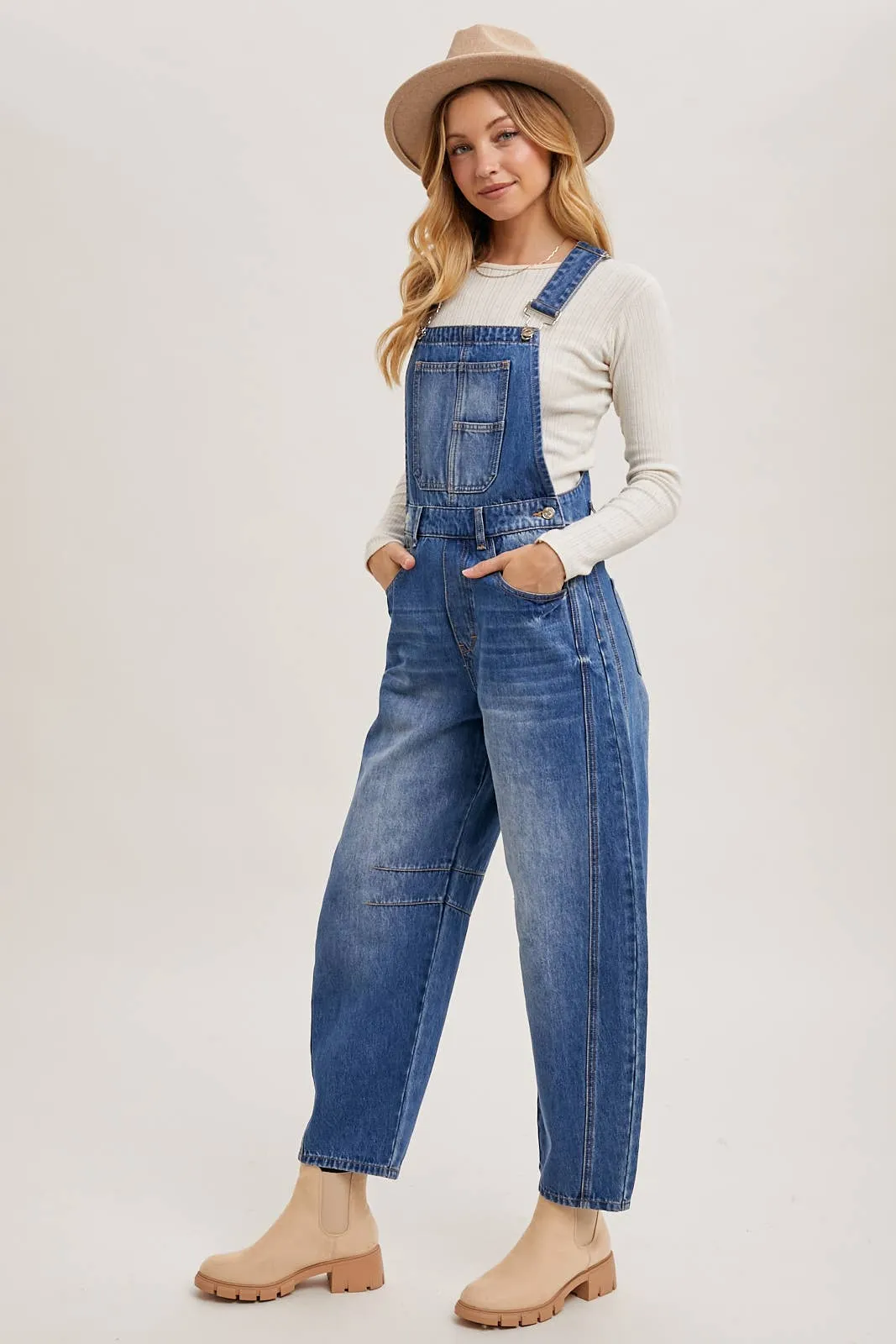 DENIM BARREL OVERALLS: MED.WASH / M