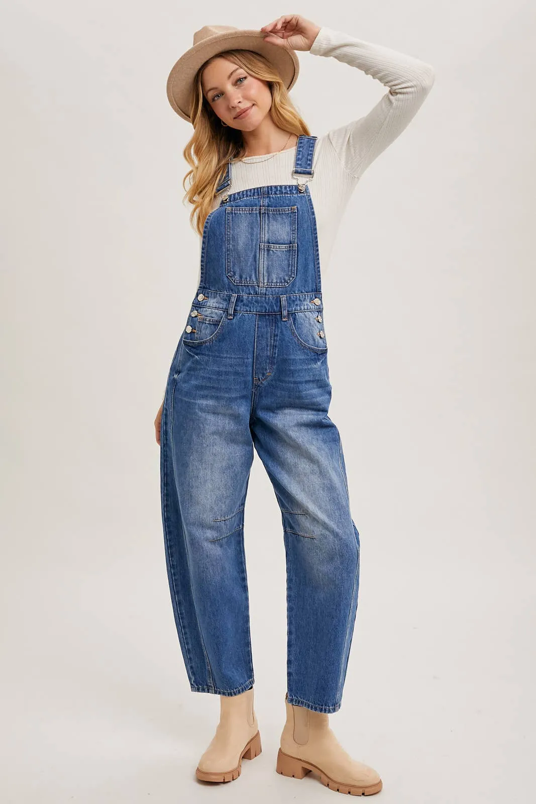 DENIM BARREL OVERALLS: MED.WASH / M