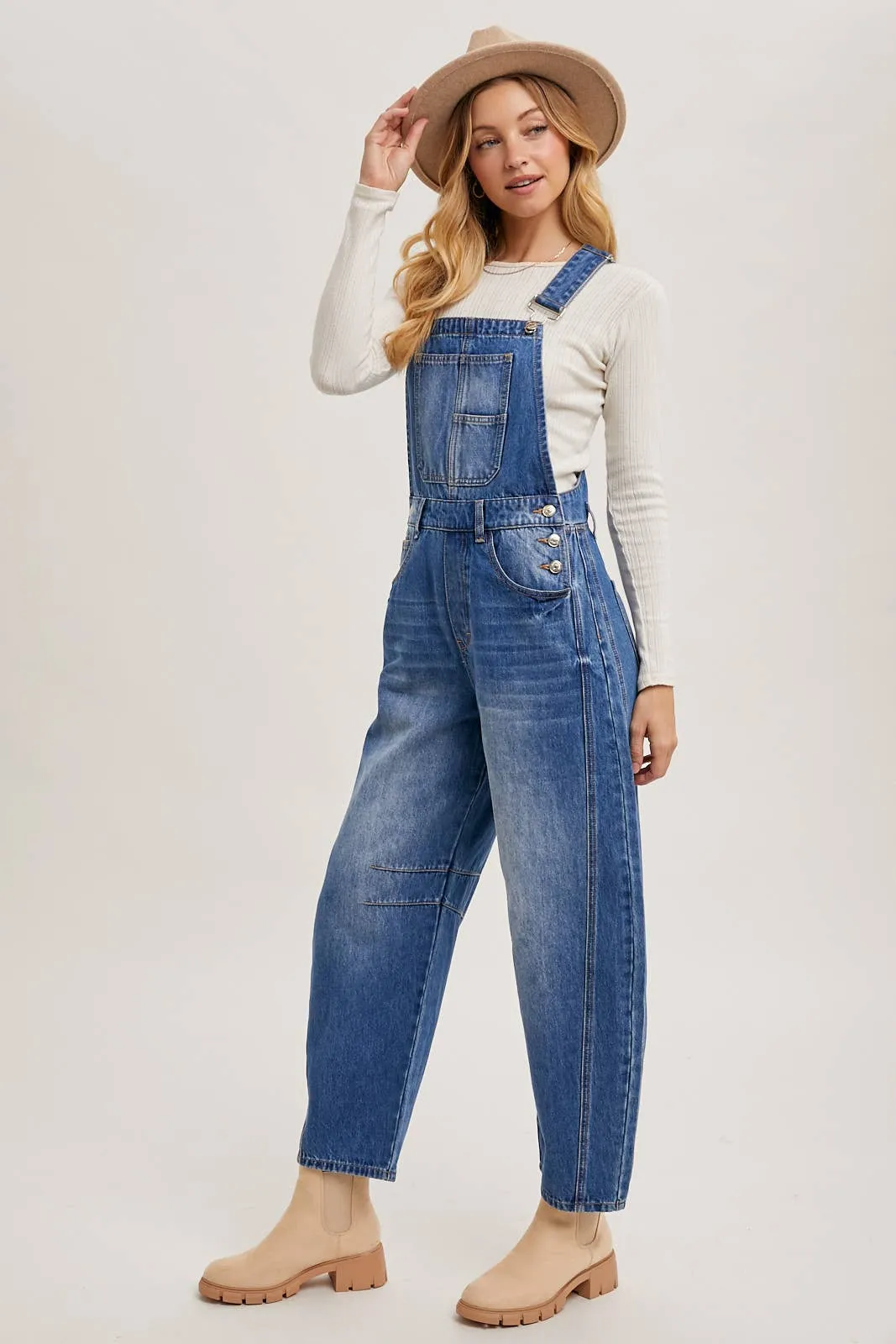 DENIM BARREL OVERALLS: MED.WASH / M