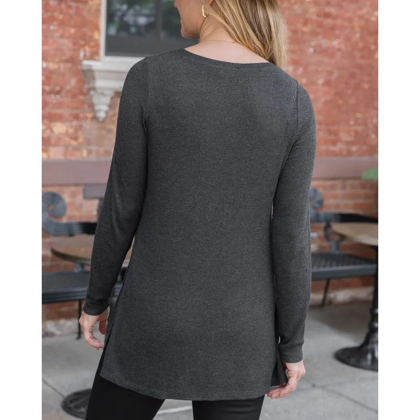 Grace and Lace Long Sleeve Tunic Tee - Heathered Charcoal