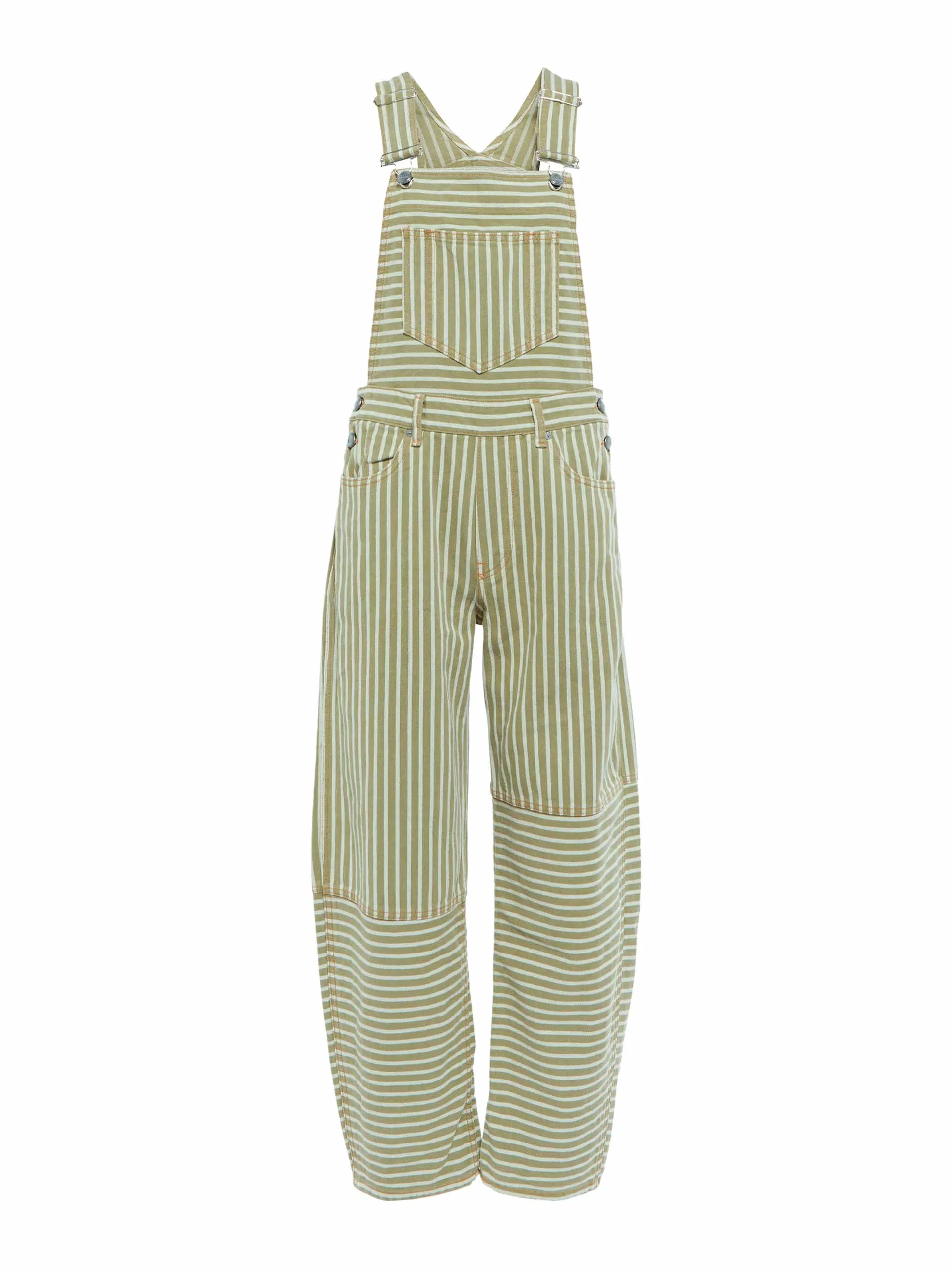 Green striped denim overalls