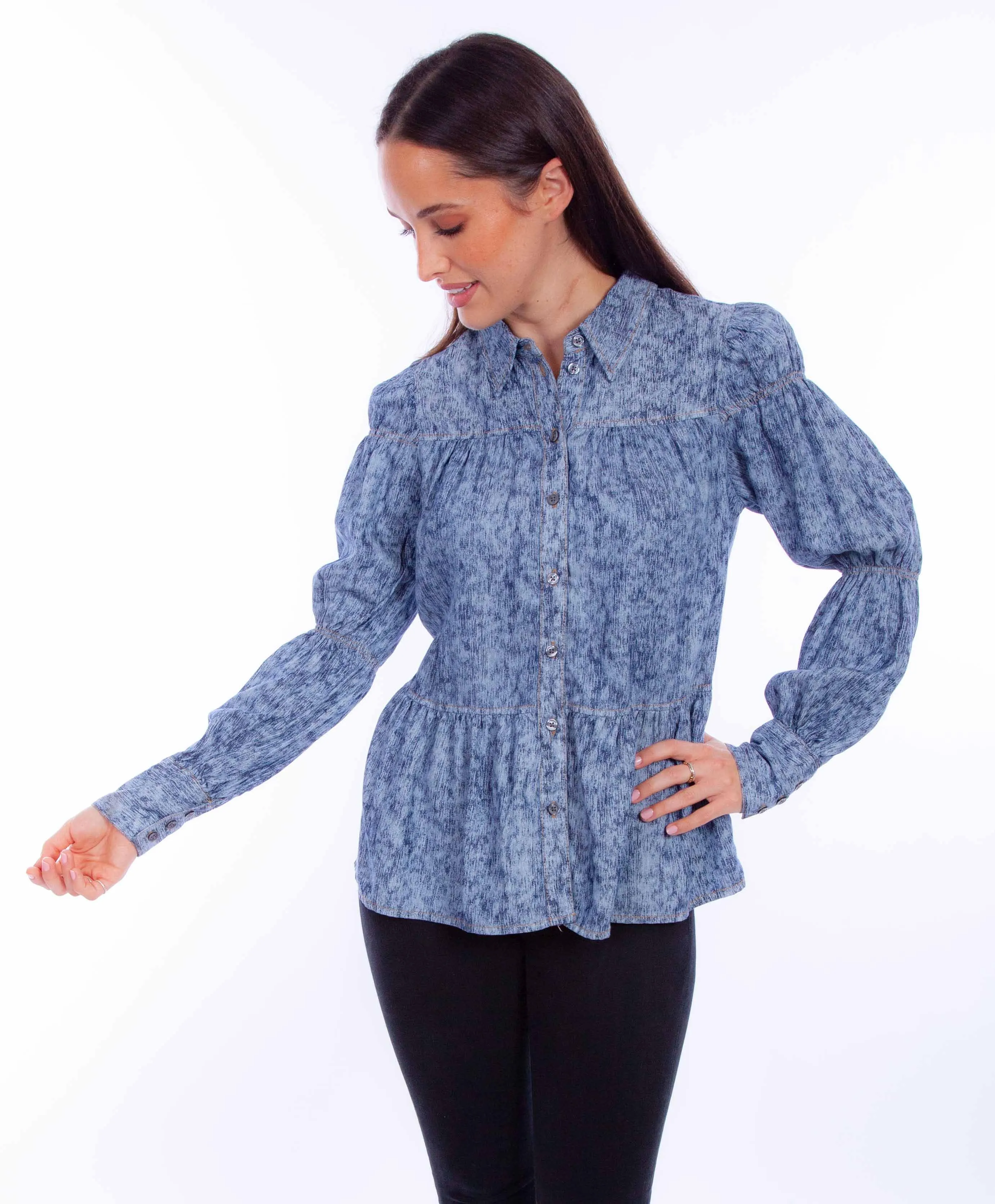Honey creek blue tiered shirt w/smock tier sleeve