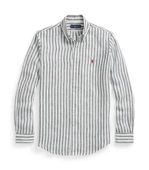 Men's Custom Fit Striped Linen Shirt Olive/White