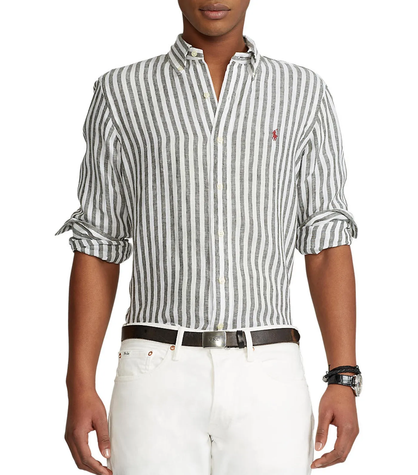Men's Custom Fit Striped Linen Shirt Olive/White