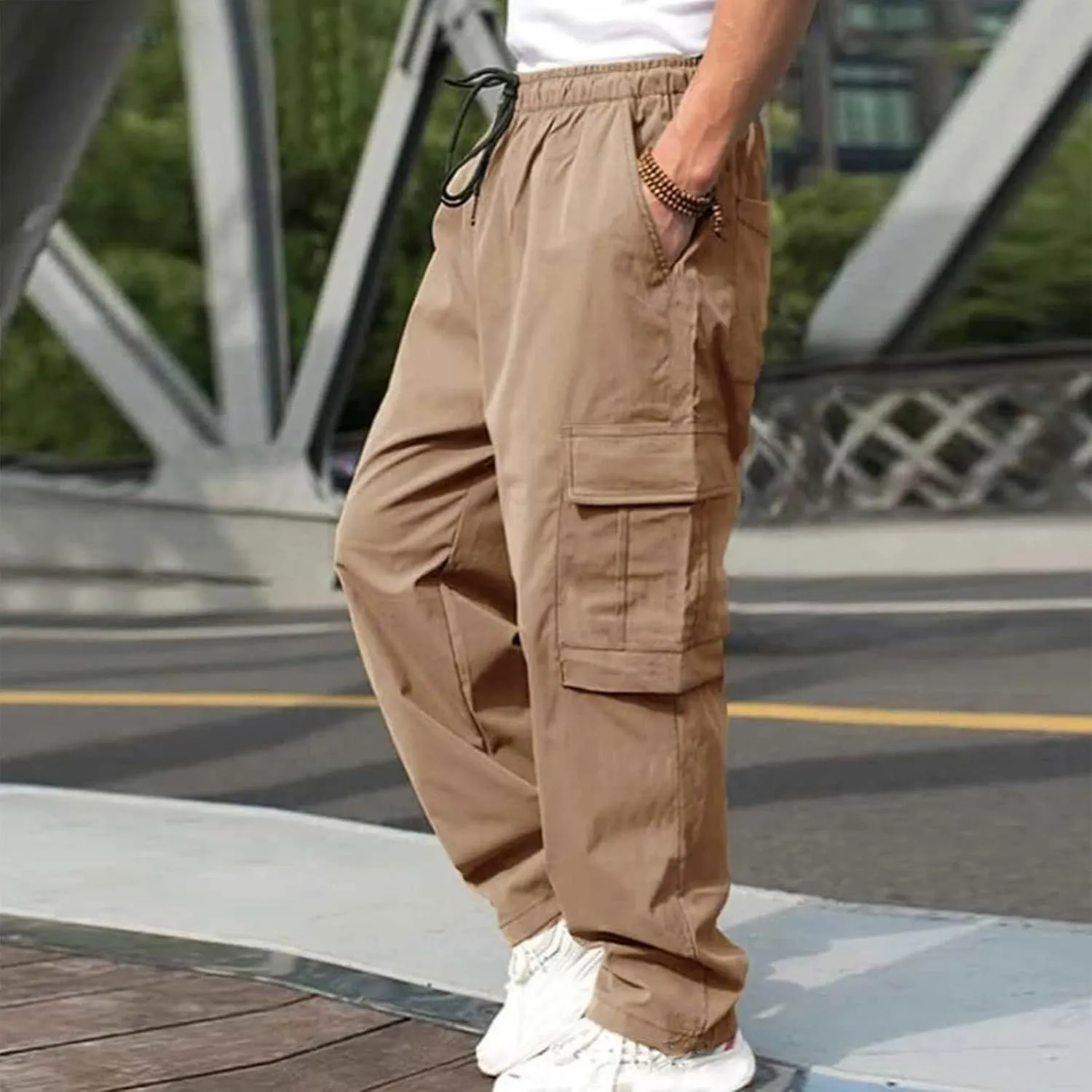 Mens Sweatpants with Pockets Big and Tall Long Pants Trousers Men's Cargo Sweatpants Adjustable Bungee Cord Open Bottom