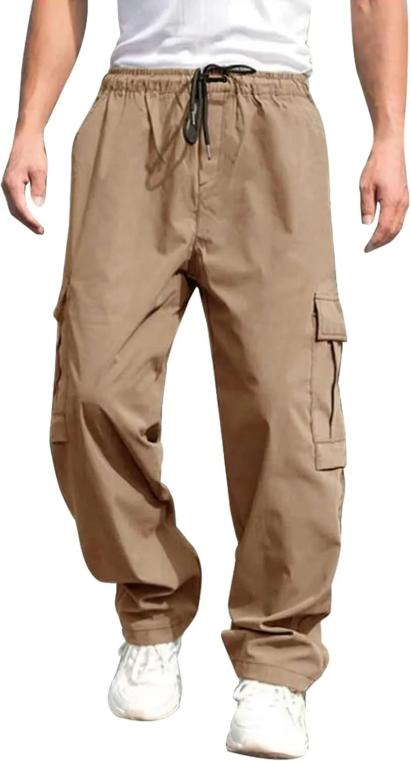 Mens Sweatpants with Pockets Big and Tall Long Pants Trousers Men's Cargo Sweatpants Adjustable Bungee Cord Open Bottom