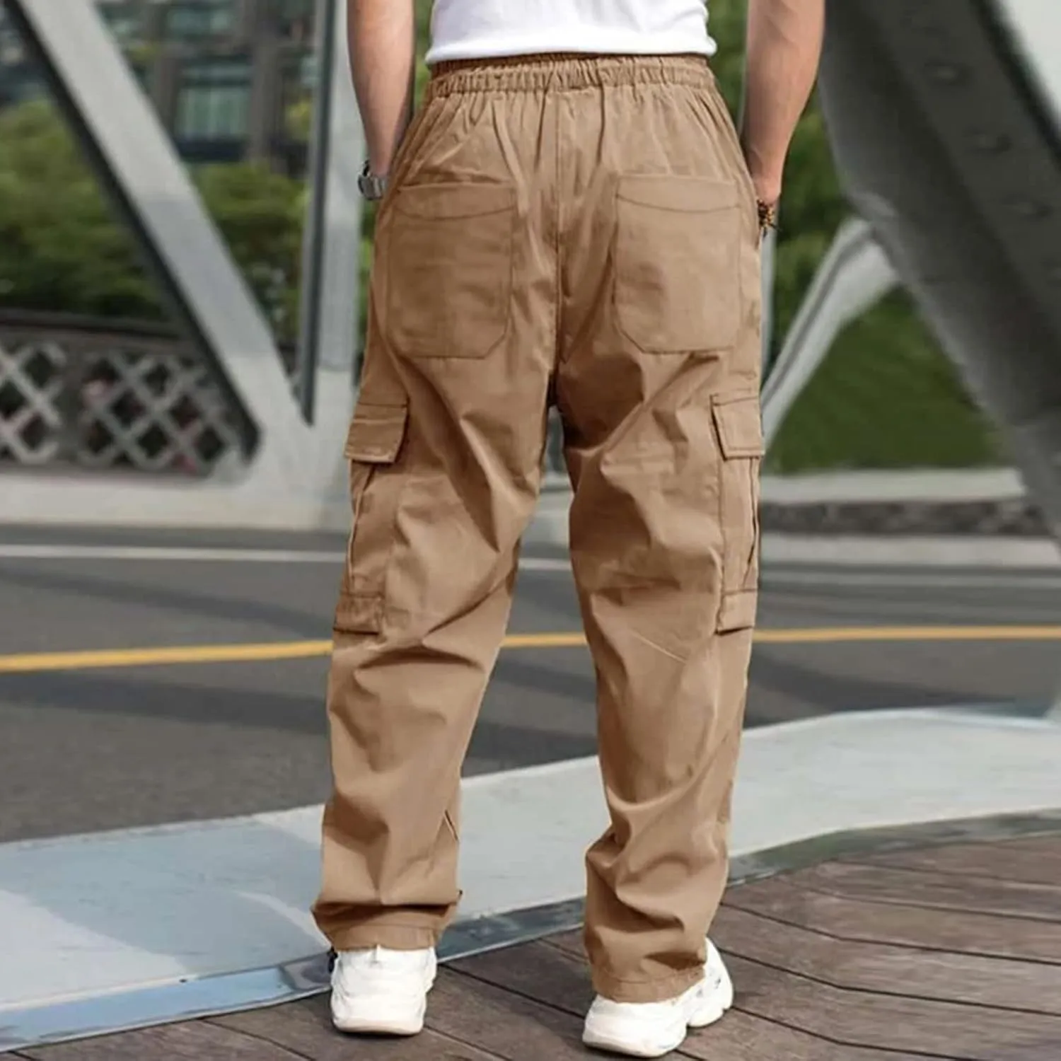 Mens Sweatpants with Pockets Big and Tall Long Pants Trousers Men's Cargo Sweatpants Adjustable Bungee Cord Open Bottom