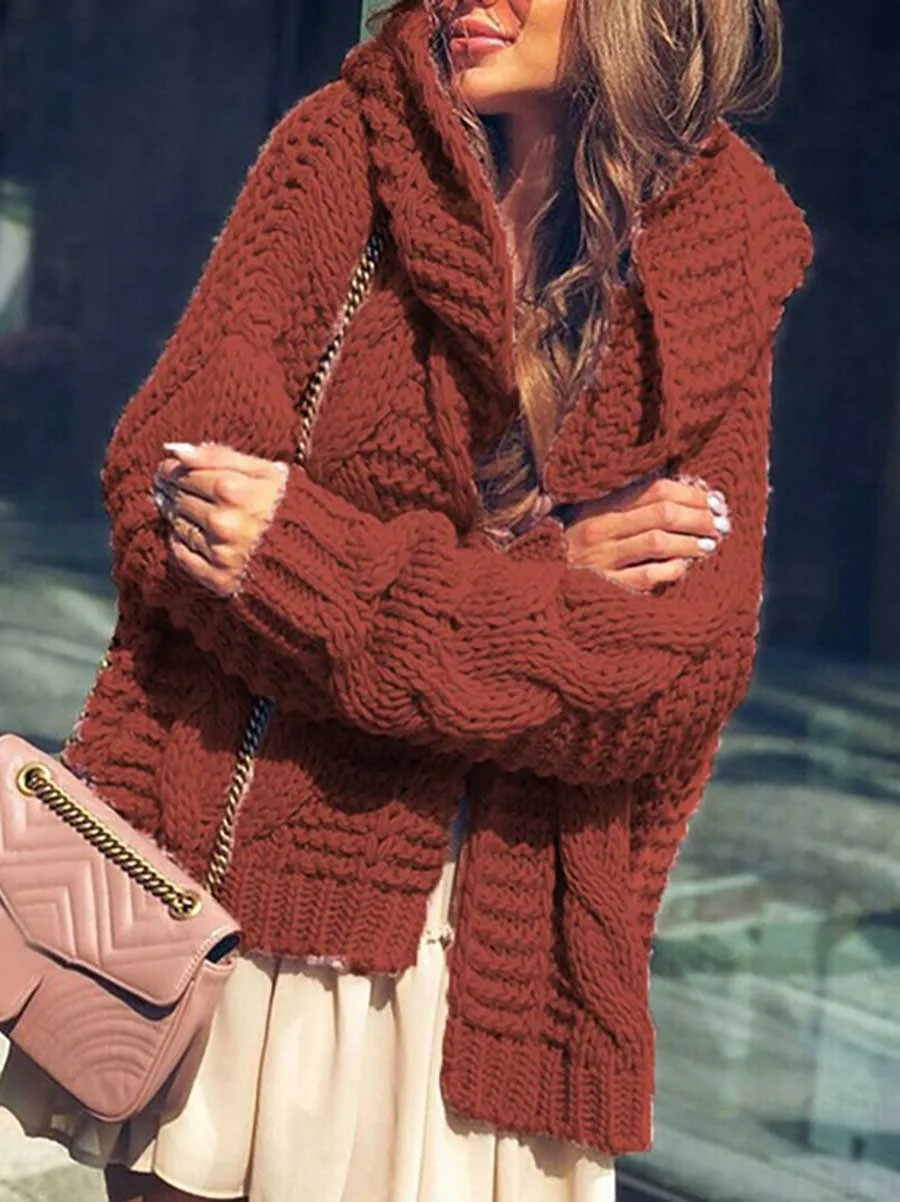 Stunncal Twist Hat Cardigan Solid Color Chunky Knit Sweater
