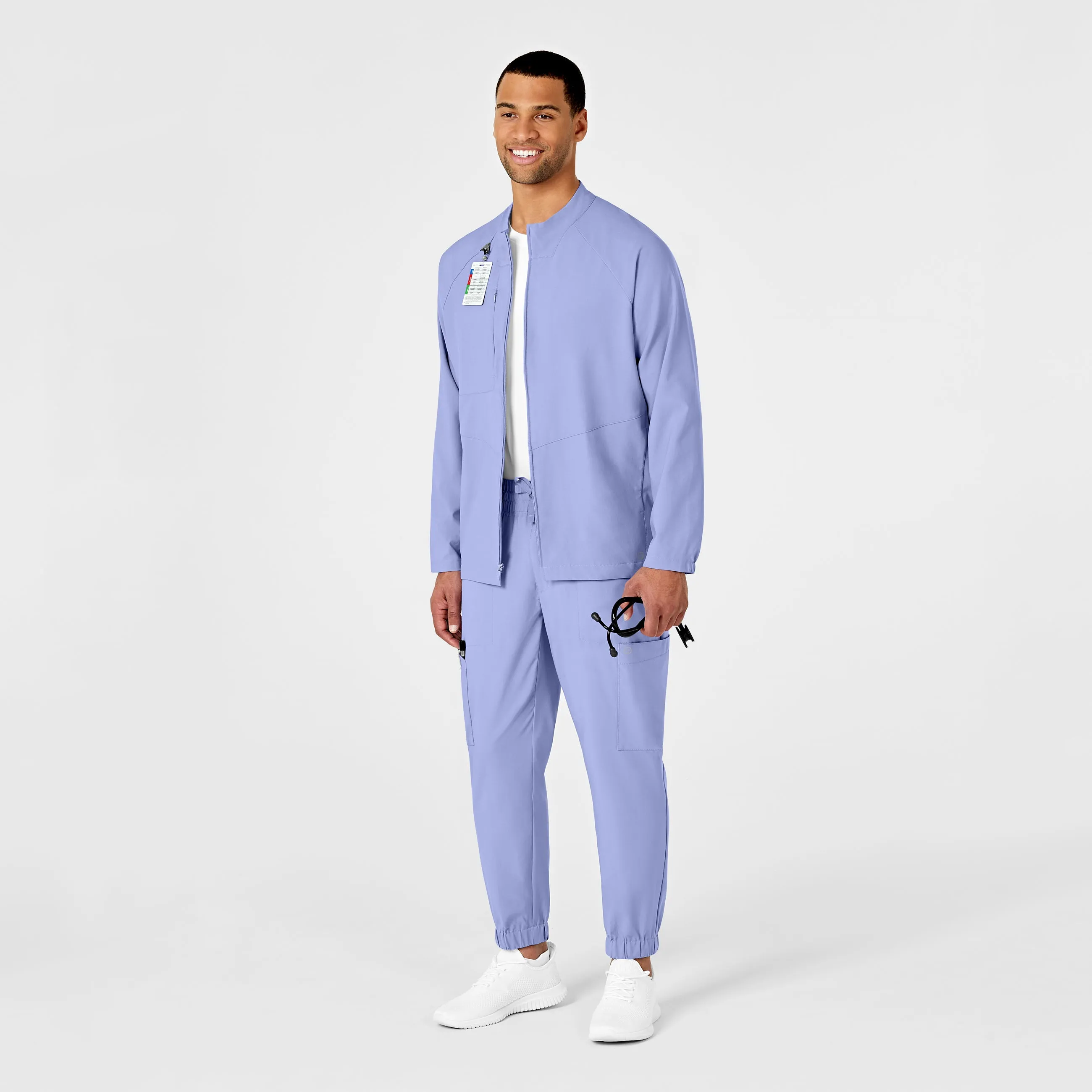 W123 Mens Zip Front Warm Up Scrub Jacket - Ceil Blue
