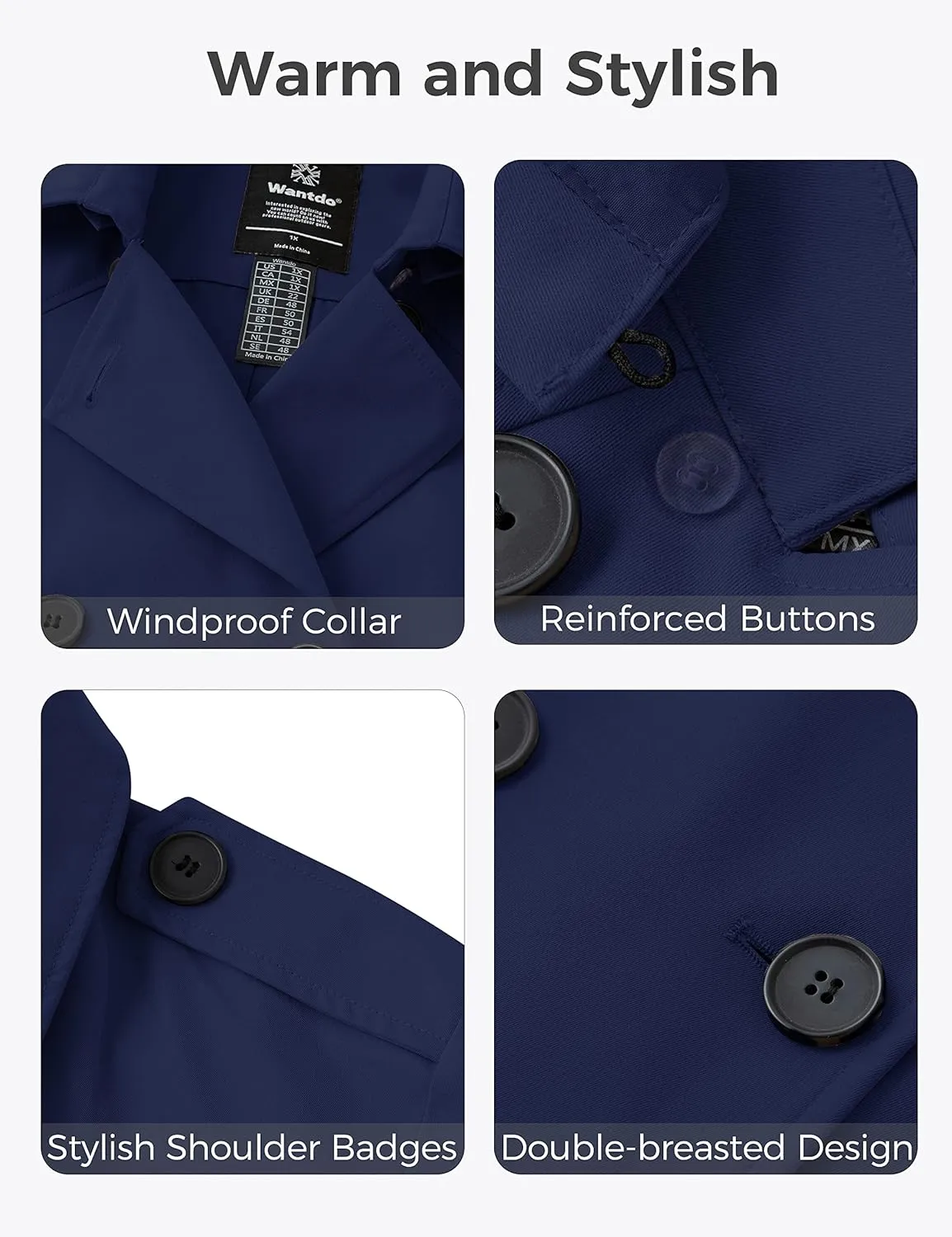 wantdo Women's Plus Size Trench Coat Double-Breasted Waterproof Lapel Overcoat Stylish Pea Coat with Detachable Hood