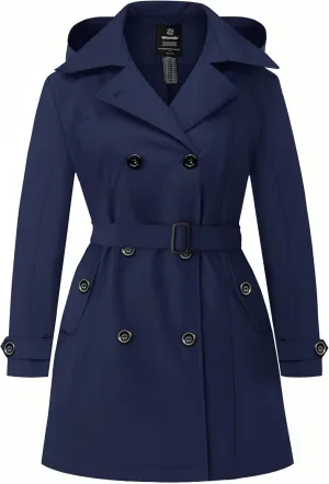 wantdo Women's Plus Size Trench Coat Double-Breasted Waterproof Lapel Overcoat Stylish Pea Coat with Detachable Hood